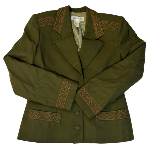 Vintage Stephanie K. Anais Embroidered Lined Wool Blazer Jacket Green Size 38 - Picture 7 of 16